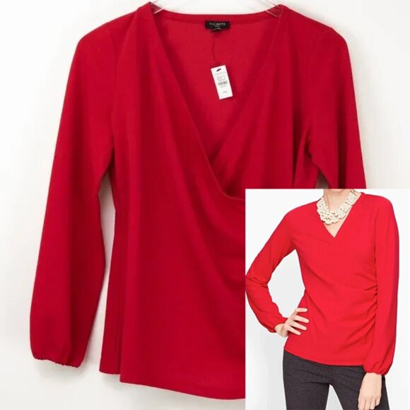 Talbots Crepe Top V-neck Blouse Faux Wrap Shirt Red Size Medium Petite Short New - Picture 1 of 7